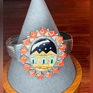 Zuni Style Sterling Silver Pictorial Inlay Cuff Bracelet / Signed T